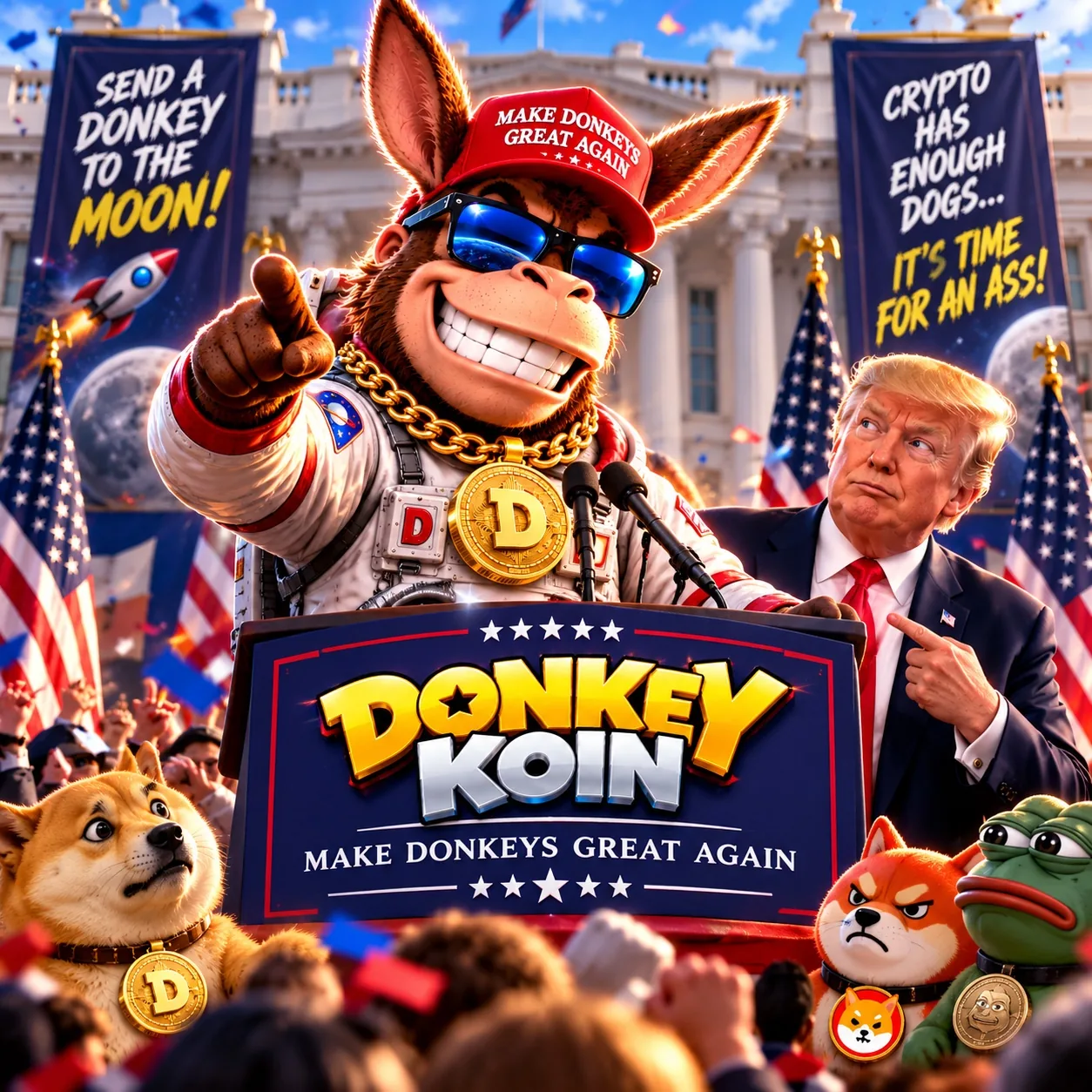 Satirical DONKEY KOIN artwork featuring Donk at a fictional political rally
